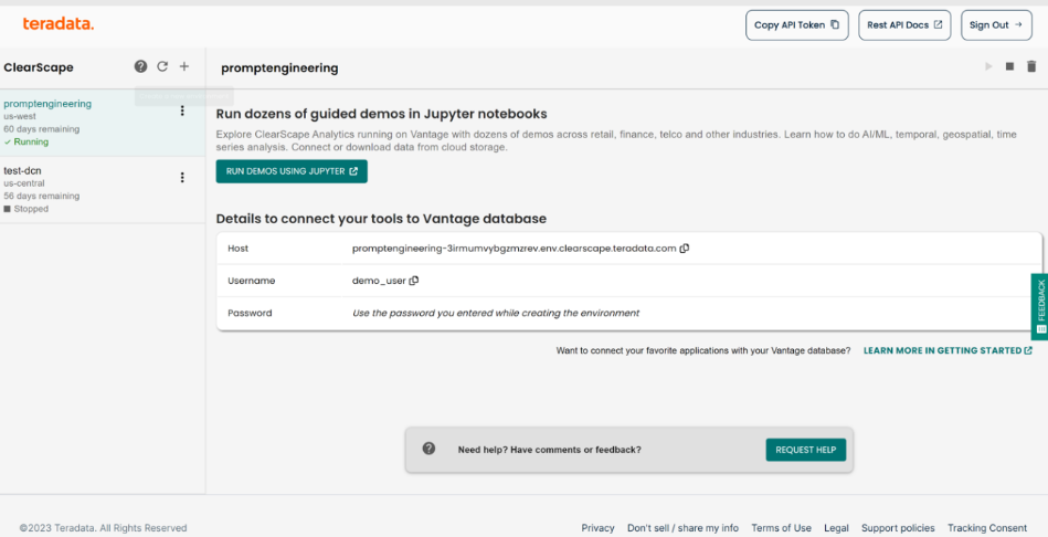 Teradata ClearScape Analytics Experience  interface, showing an active environment named 'promptengineering'. It provides instructions for running guided demos in Jupyter notebooks and includes details to connect user tools to the Vantage database. The username, and Host URL is provided with instructions to use the password created when setting up the environment.